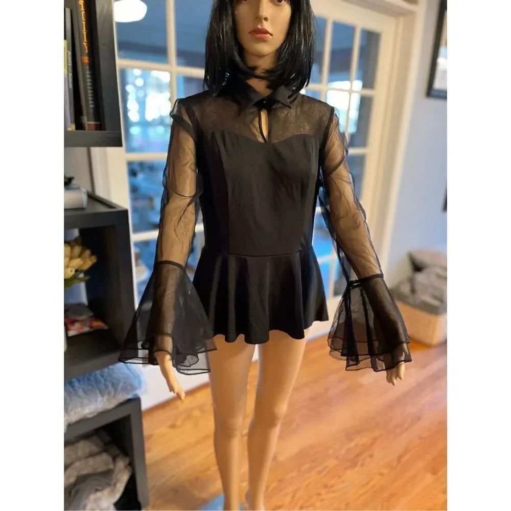 Scarlett Darkness Gothic Black Sheer Bell Sleeve Peplum  Blouse sz L EUC